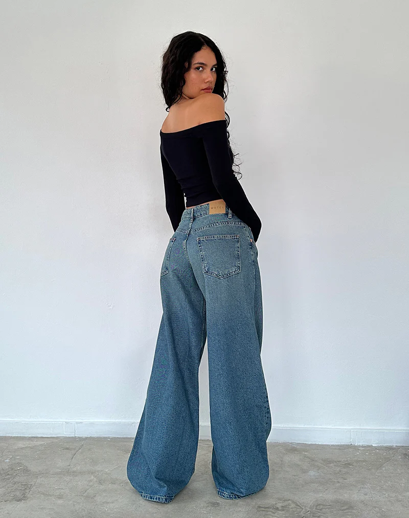 Roomy Oversized Low Rise Jeans in Vintage Blue Green - Image 3