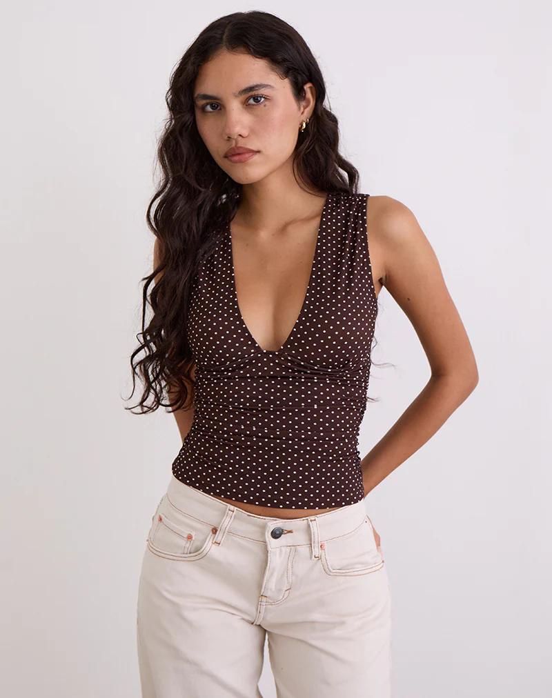 Lycia Plunge Top in Micro Polka Brown - Image 4