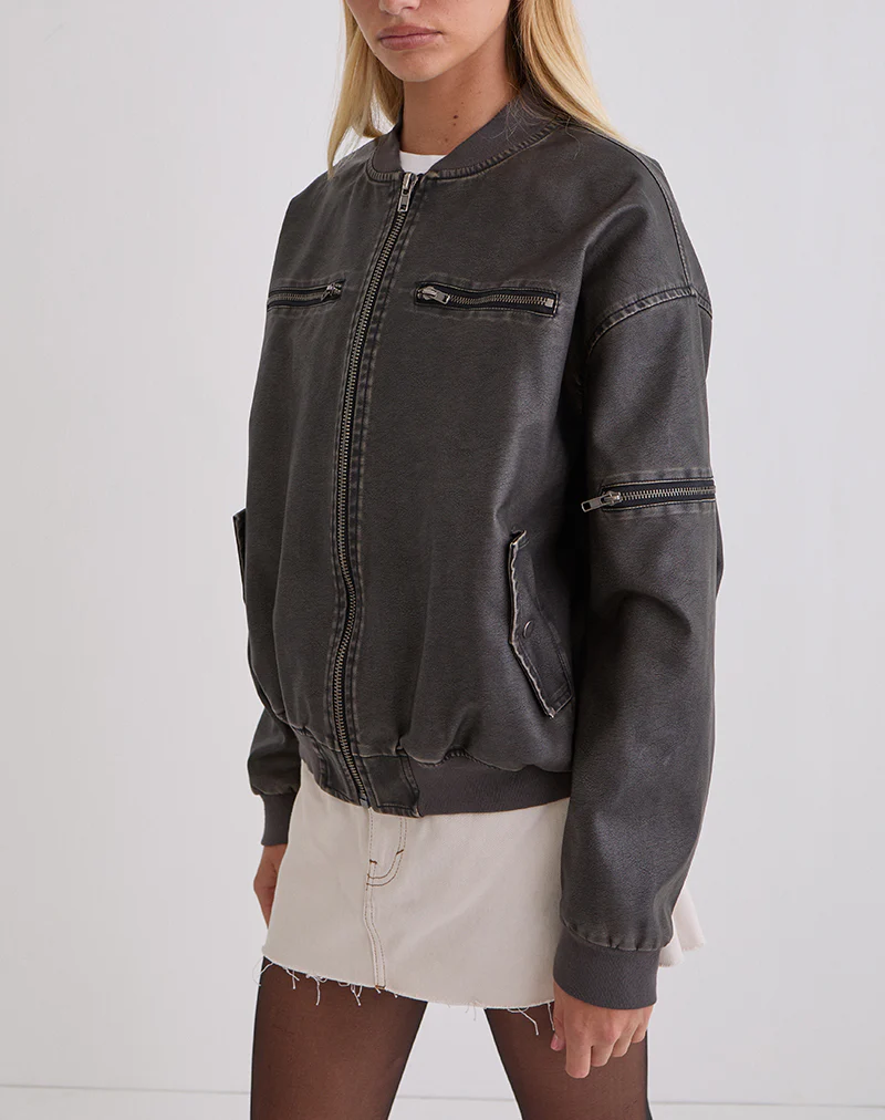 Marco Distressed Bomber Jacket in PU Charcoal - Image 3