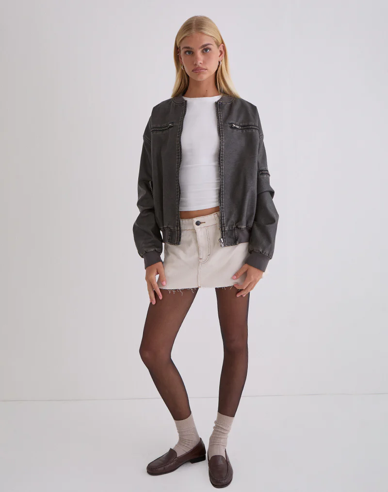 Marco Distressed Bomber Jacket in PU Charcoal - Image 4