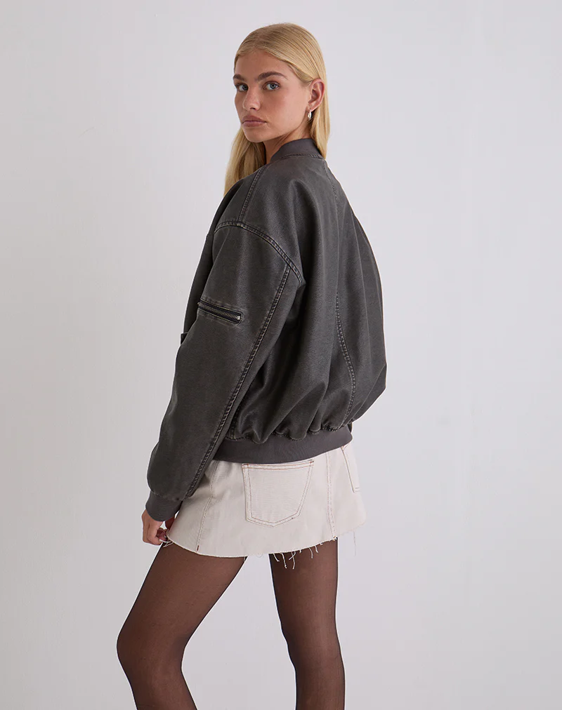 Marco Distressed Bomber Jacket in PU Charcoal - Image 5