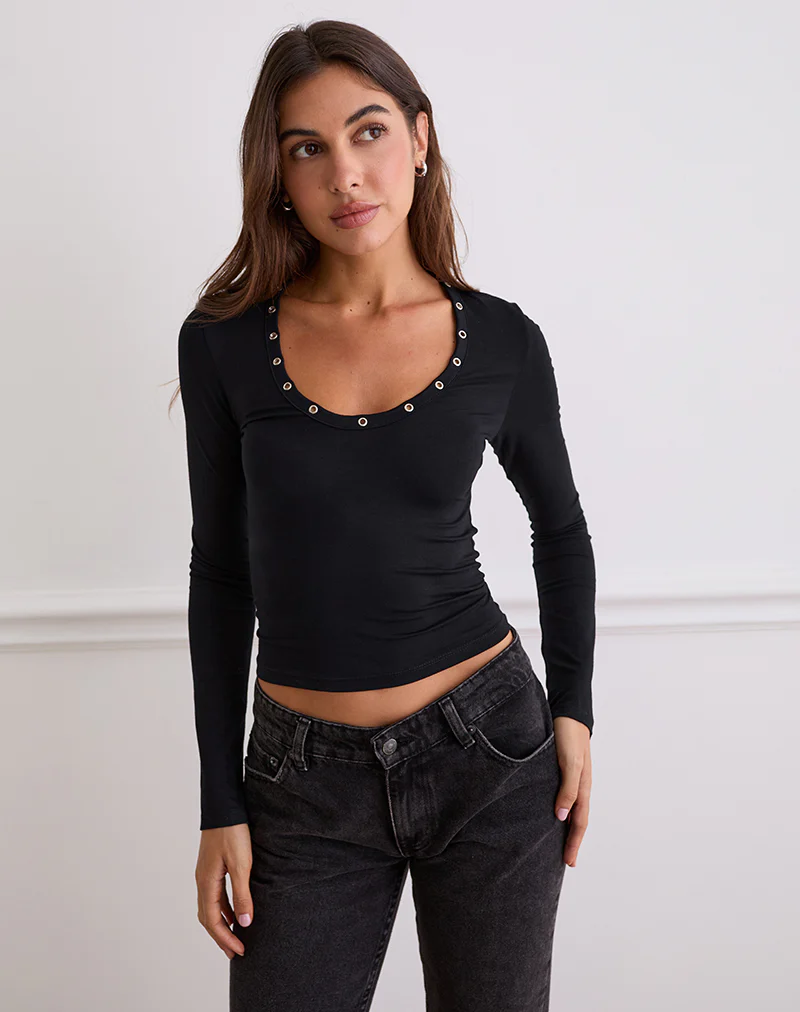 Myoga Studded Scoop Long Sleeve Top in Black - Image 4
