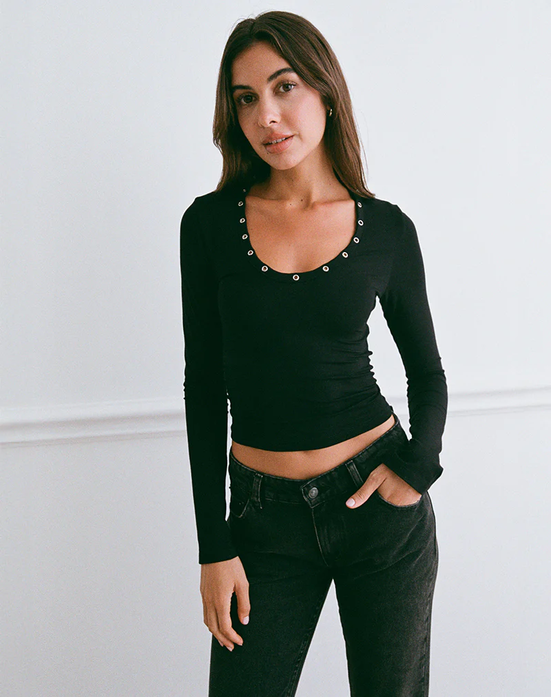 Myoga Studded Scoop Long Sleeve Top in Black - Image 5
