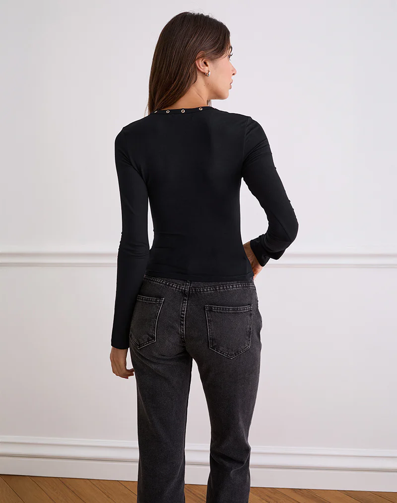Myoga Studded Scoop Long Sleeve Top in Black - Image 6