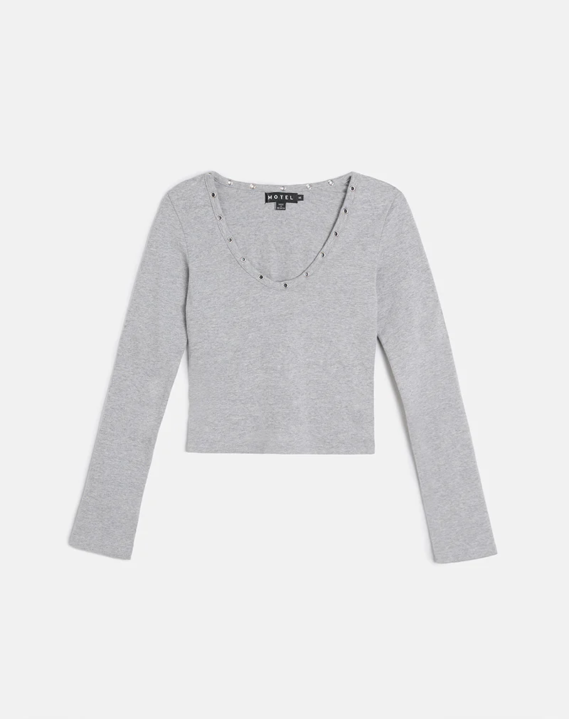 Myoga Studded Scoop Long Sleeve Top in Grey Marl - Image 4