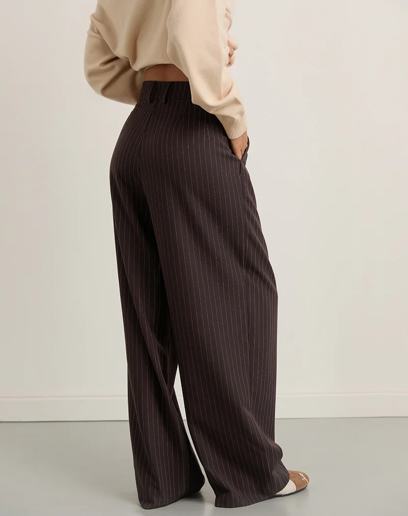 Nala Wide Pleated Trouser in Dark Brown Pinstripe - Image 3