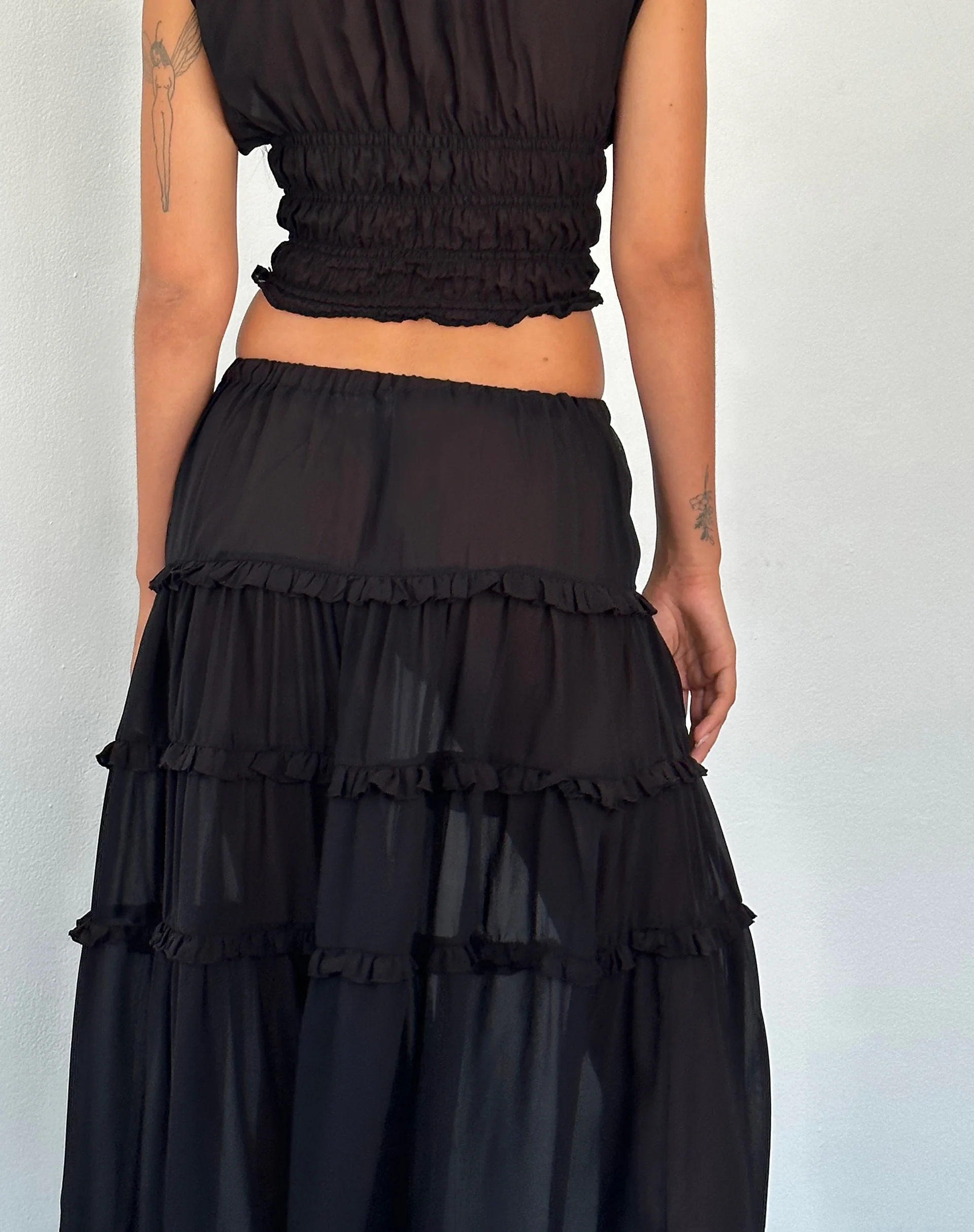 Norah Tiered Maxi Skirt in Black Chiffon - Image 4