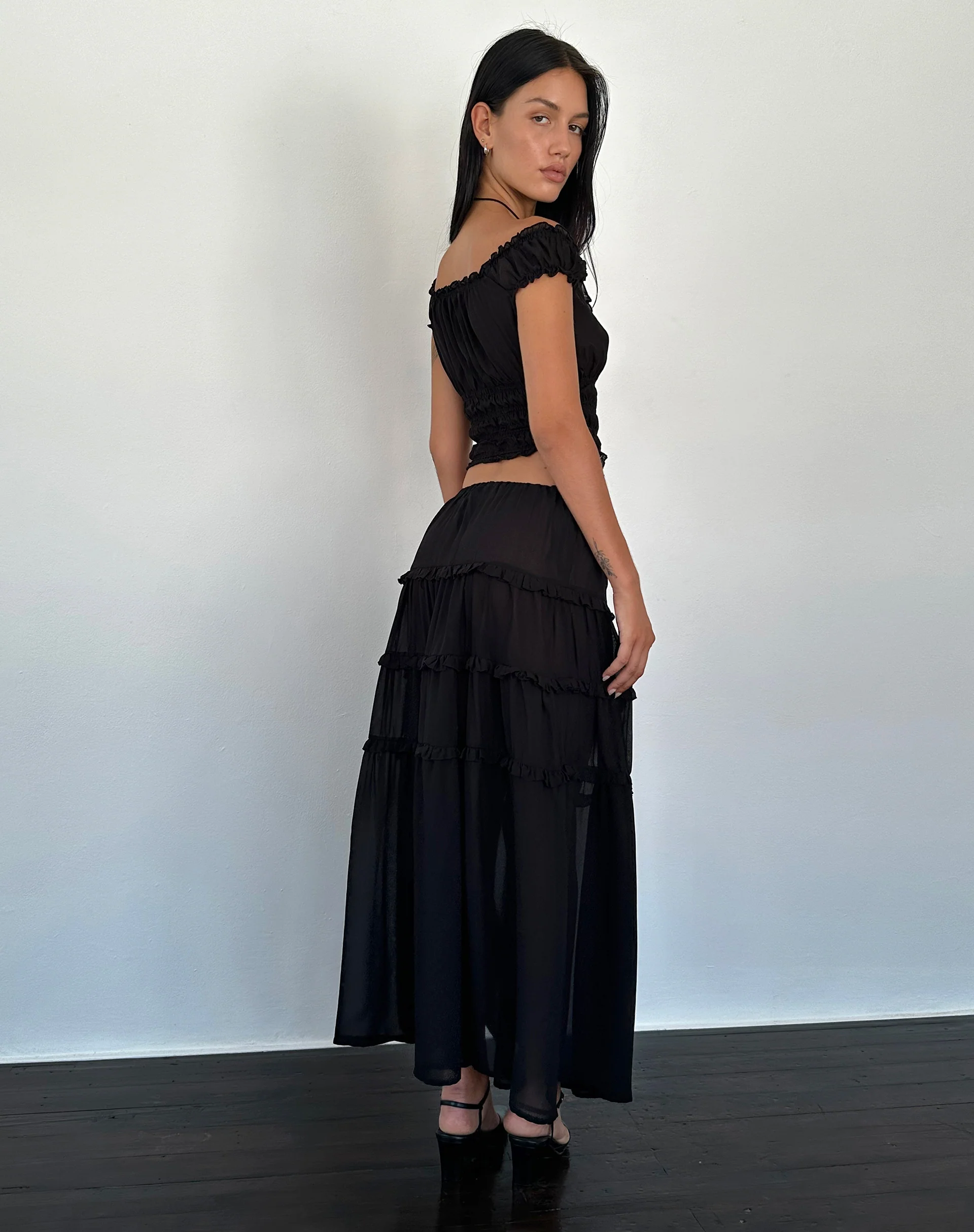 Norah Tiered Maxi Skirt in Black Chiffon - Image 5