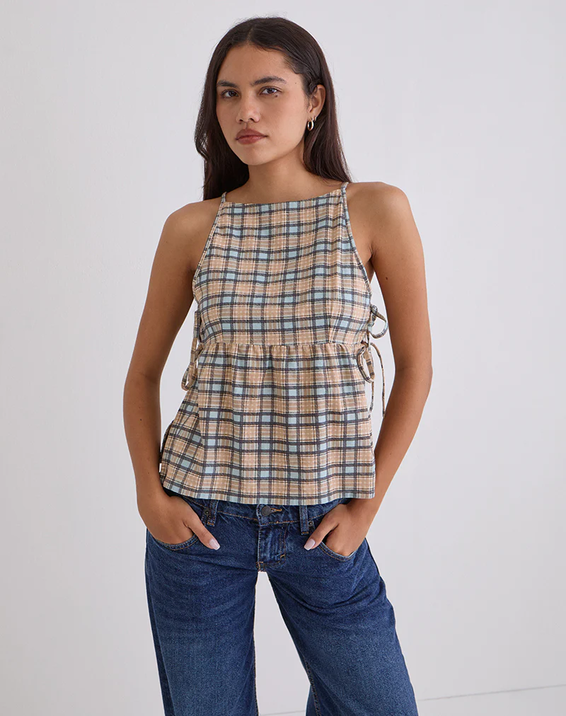 Palsi Loose Sleeveless Top in Pastel Blue Tartan - Image 3