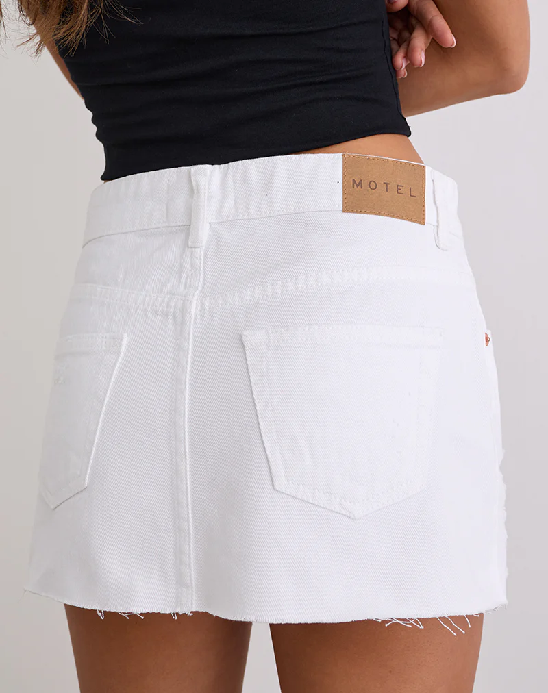 Ripped Raw Hem Denim Mini Skirt in True White - Image 4