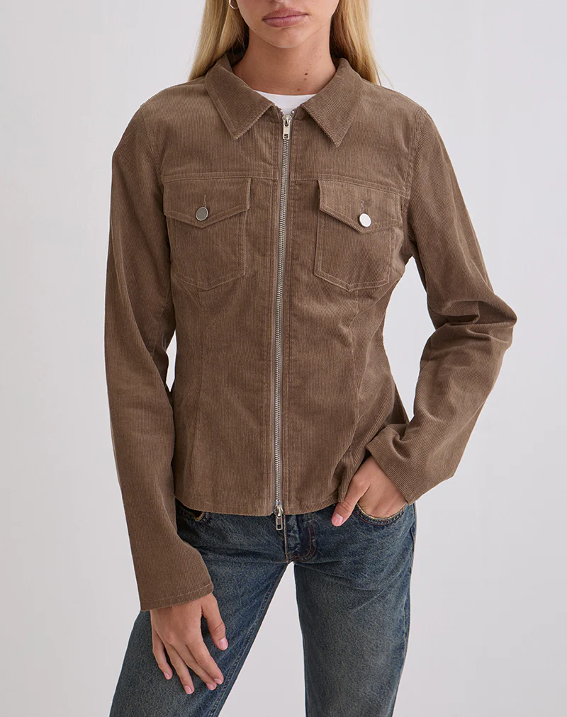 Rohana Fitted Jacket in Baby Cord Walnut Brown - Image 3