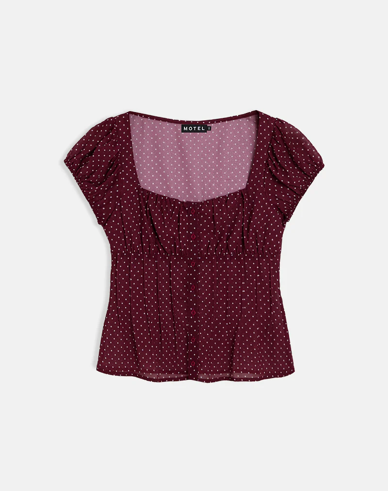 Rolina Blouse in Chiffon Mini Polka Burgundy - Image 5
