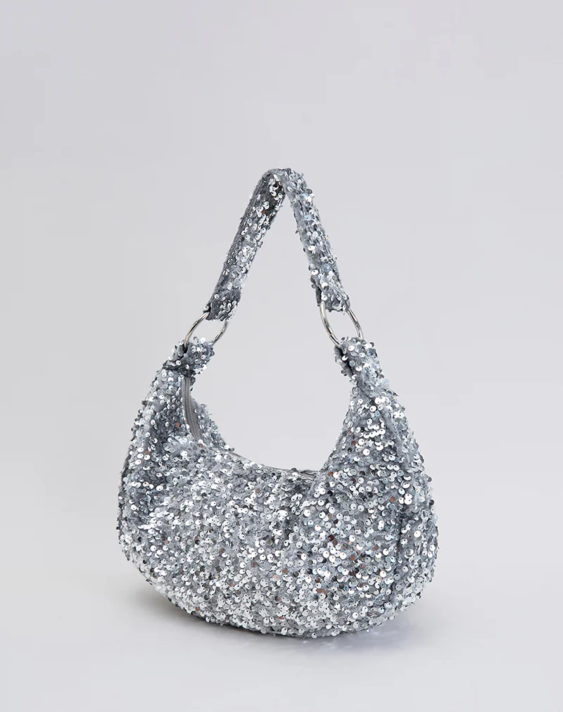Sequin Hobo Bag in Silver - Image 4
