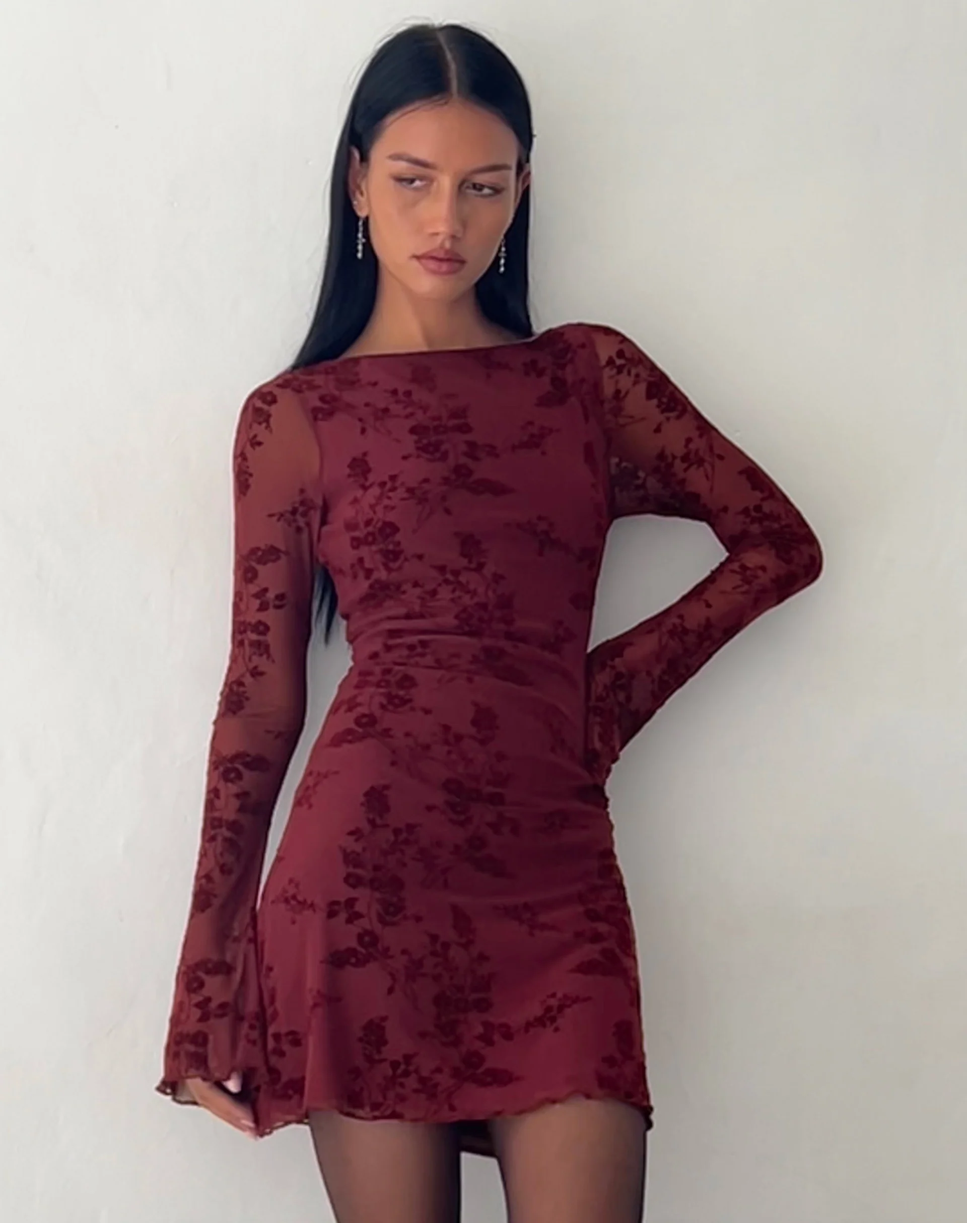 Sevila Long Sleeve Mini Dress in Flocked Botanical Flower Maroon - Image 3