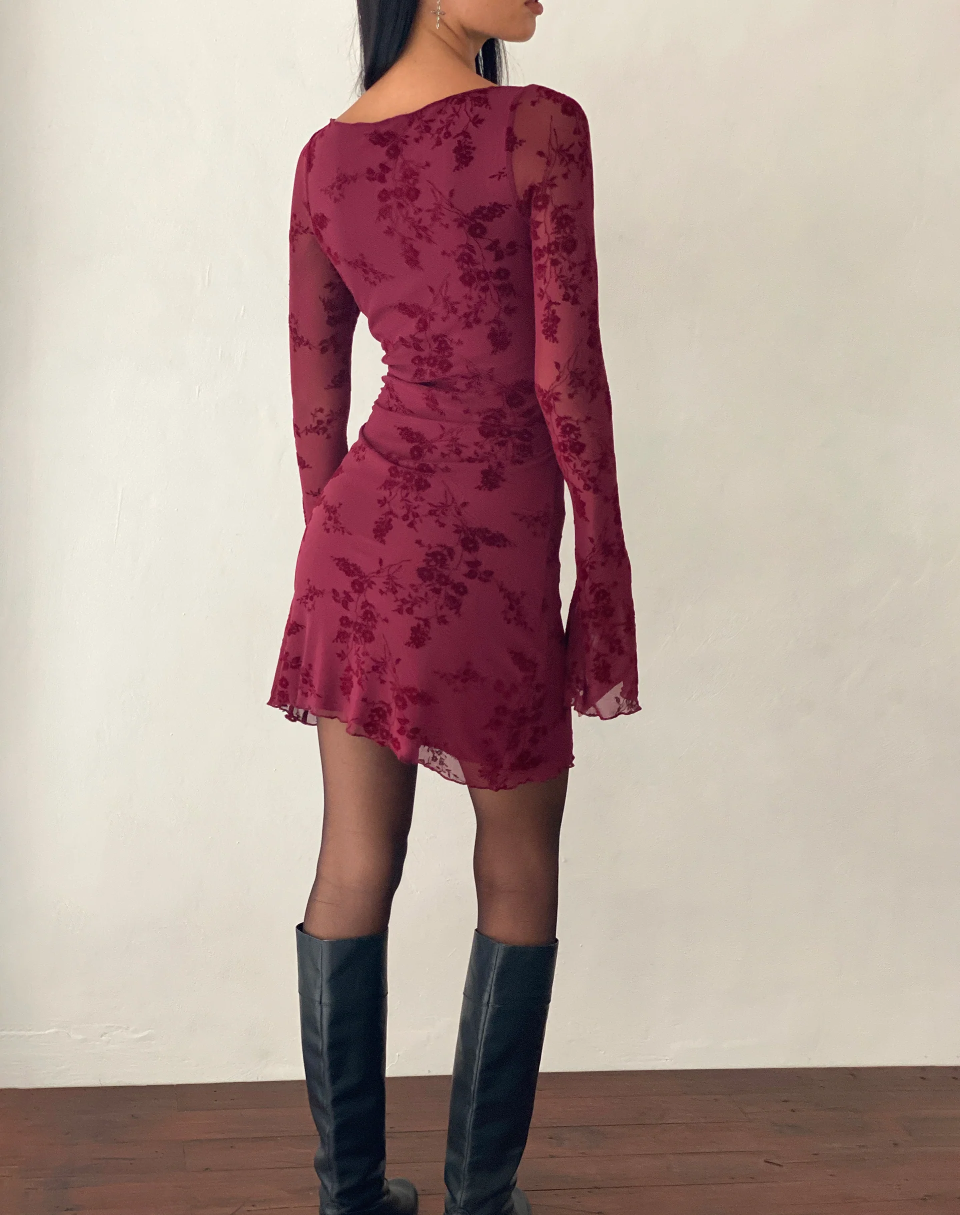 Sevila Long Sleeve Mini Dress in Flocked Botanical Flower Maroon - Image 4