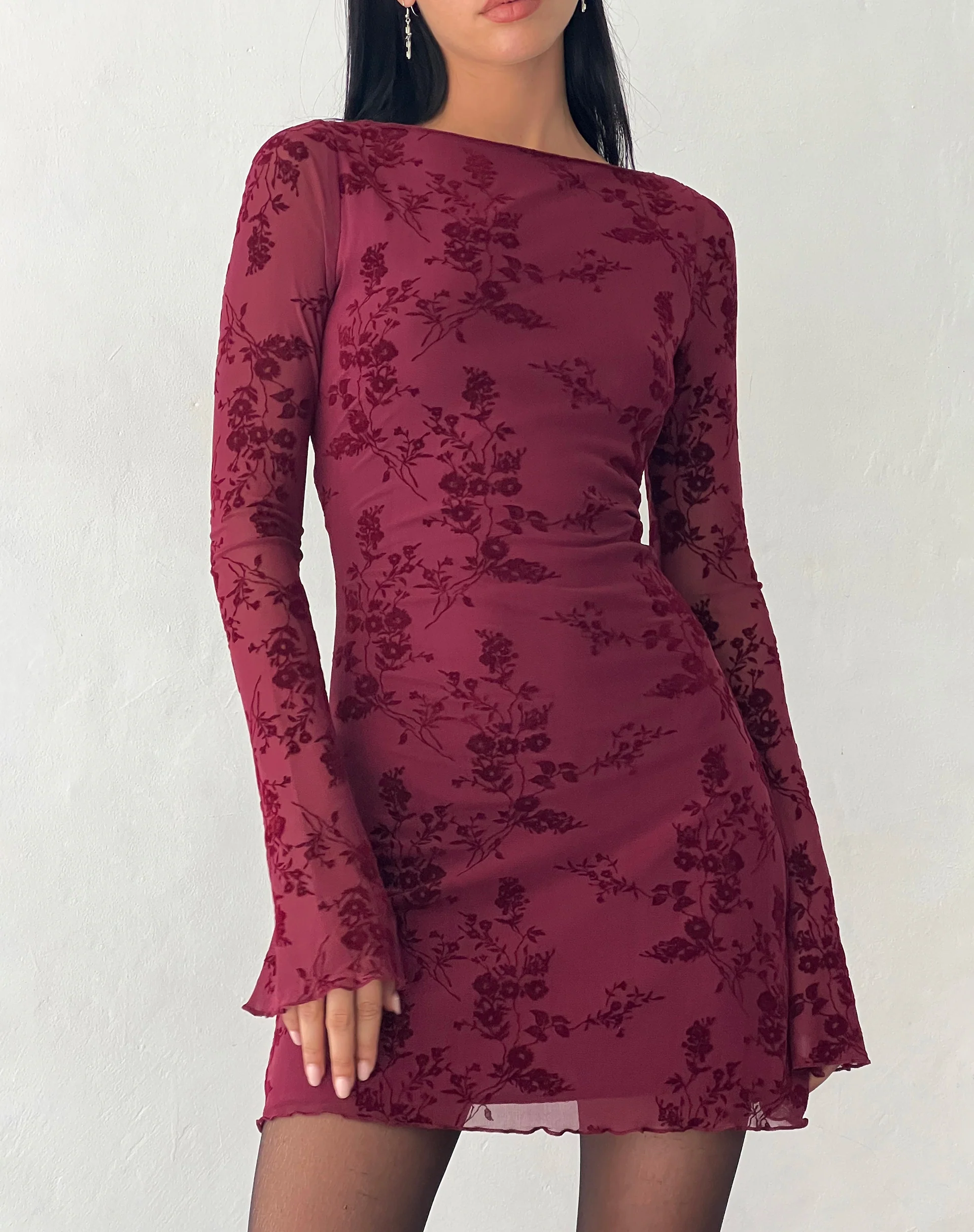 Sevila Long Sleeve Mini Dress in Flocked Botanical Flower Maroon - Image 5