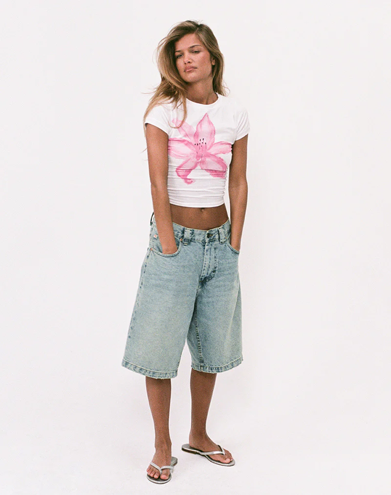 Low Rise Denim Skater Shorts in Bleach Denim - Image 5
