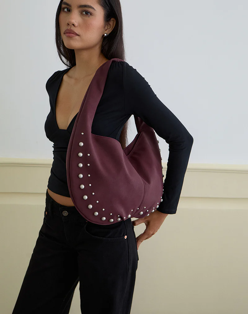 Studded Slouch Bag in Burgundy - Image 3
