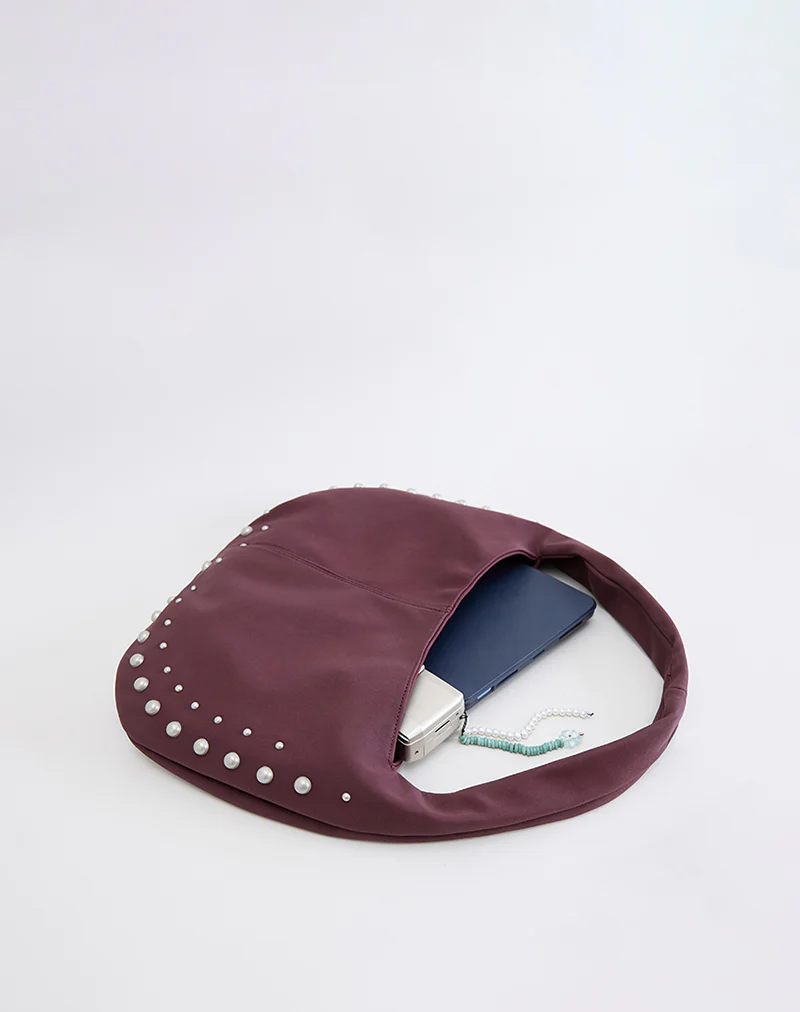 Studded Slouch Bag in Burgundy - Image 4