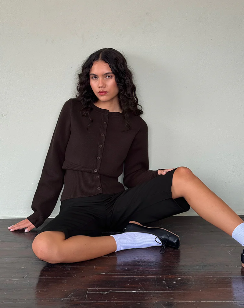 Subra Long Sleeve Ribbed Hem Cardigan in Bitter Chocolate - Image 3