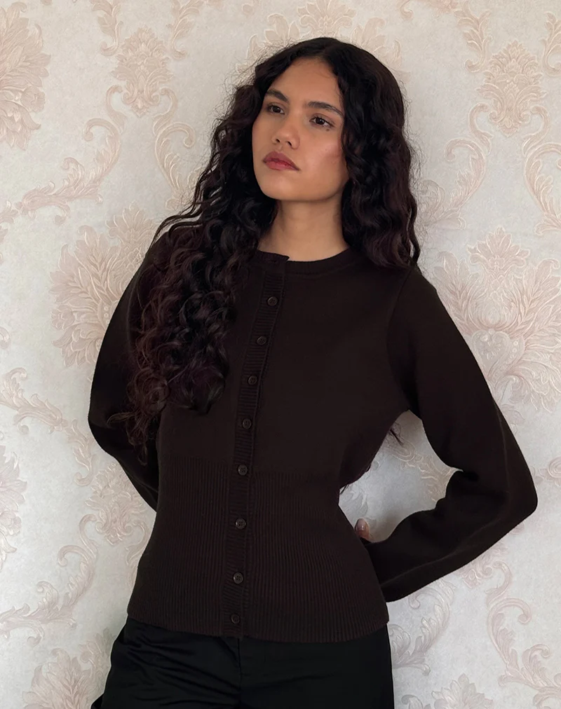 Subra Long Sleeve Ribbed Hem Cardigan in Bitter Chocolate - Image 4