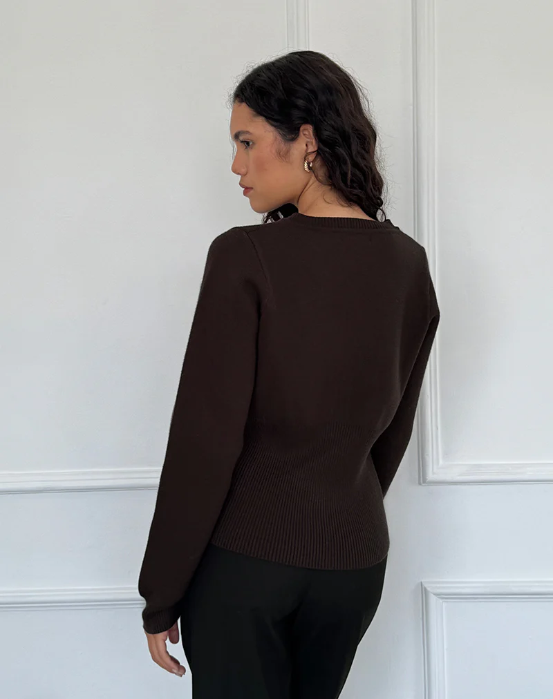 Subra Long Sleeve Ribbed Hem Cardigan in Bitter Chocolate - Image 5