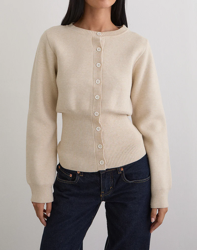 Subra Long Sleeve Ribbed Hem Cardigan in Ivory - Image 5