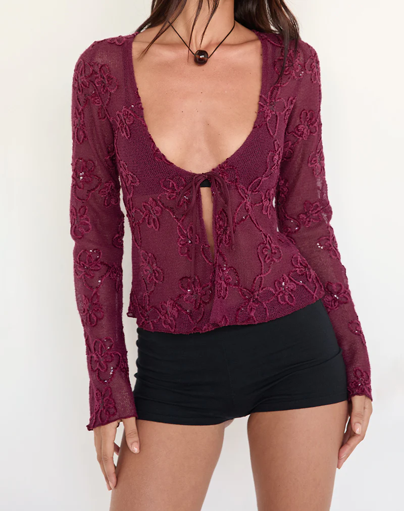 Sukita Cardigan in Sequin Knit Burgundy - Image 3