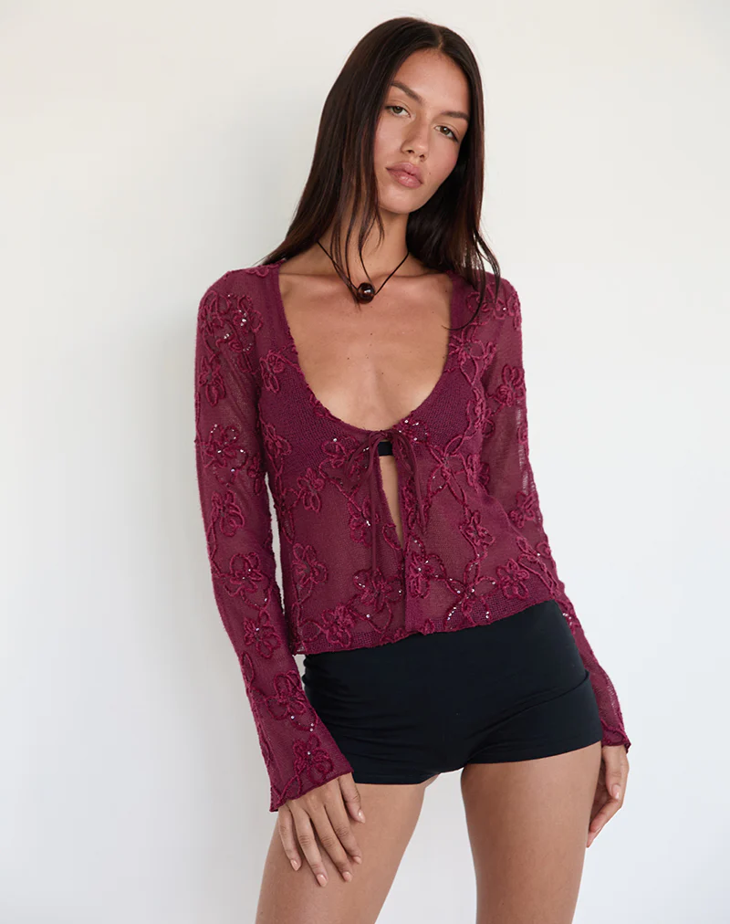 Sukita Cardigan in Sequin Knit Burgundy - Image 5