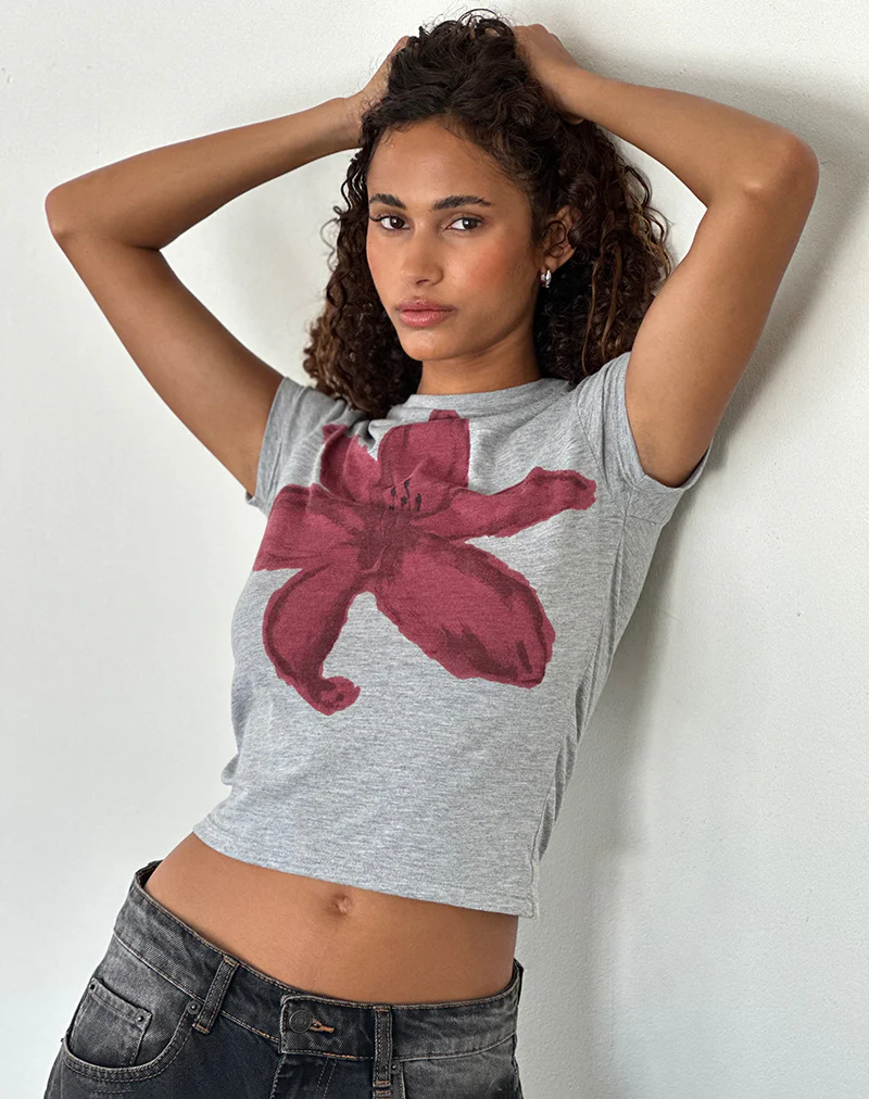 Sutin Tee in Grey Marl Painted Flower Graphic - Image 3