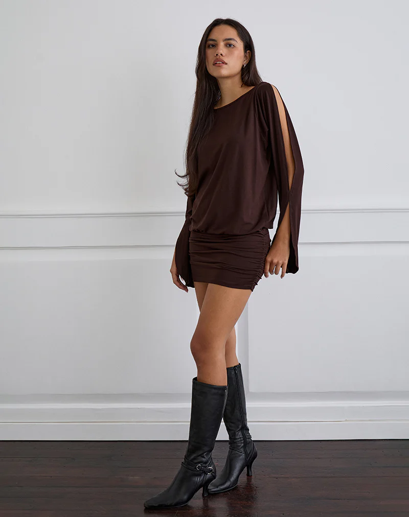 Sybe Long Sleeve Mini Dress in Bitter Chocolate - Image 3