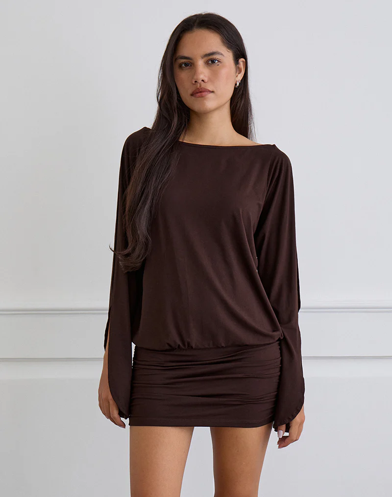 Sybe Long Sleeve Mini Dress in Bitter Chocolate - Image 4