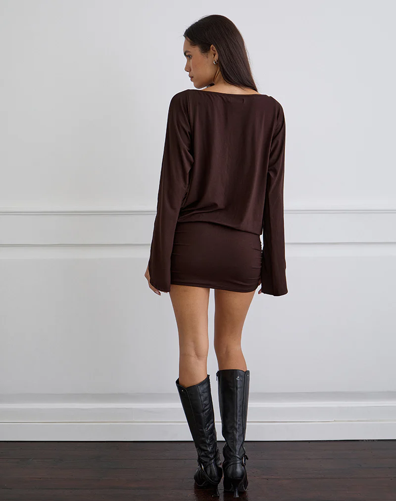 Sybe Long Sleeve Mini Dress in Bitter Chocolate - Image 5