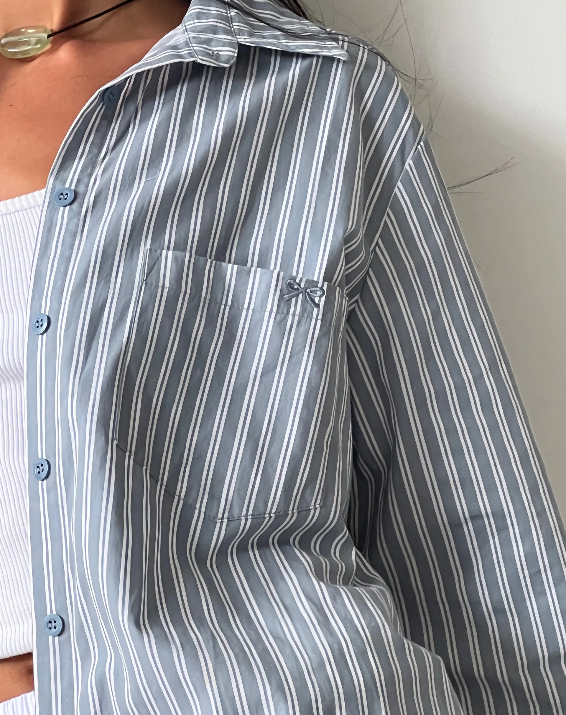 MOTEL X JACQUIE Turner Shirt in Grey and White Stripe with M Embroidery - Image 3