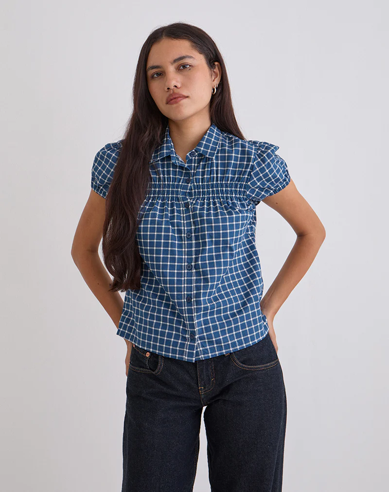 Ulsan Fitted Shirt in Navy Tartan Poplin - Image 3