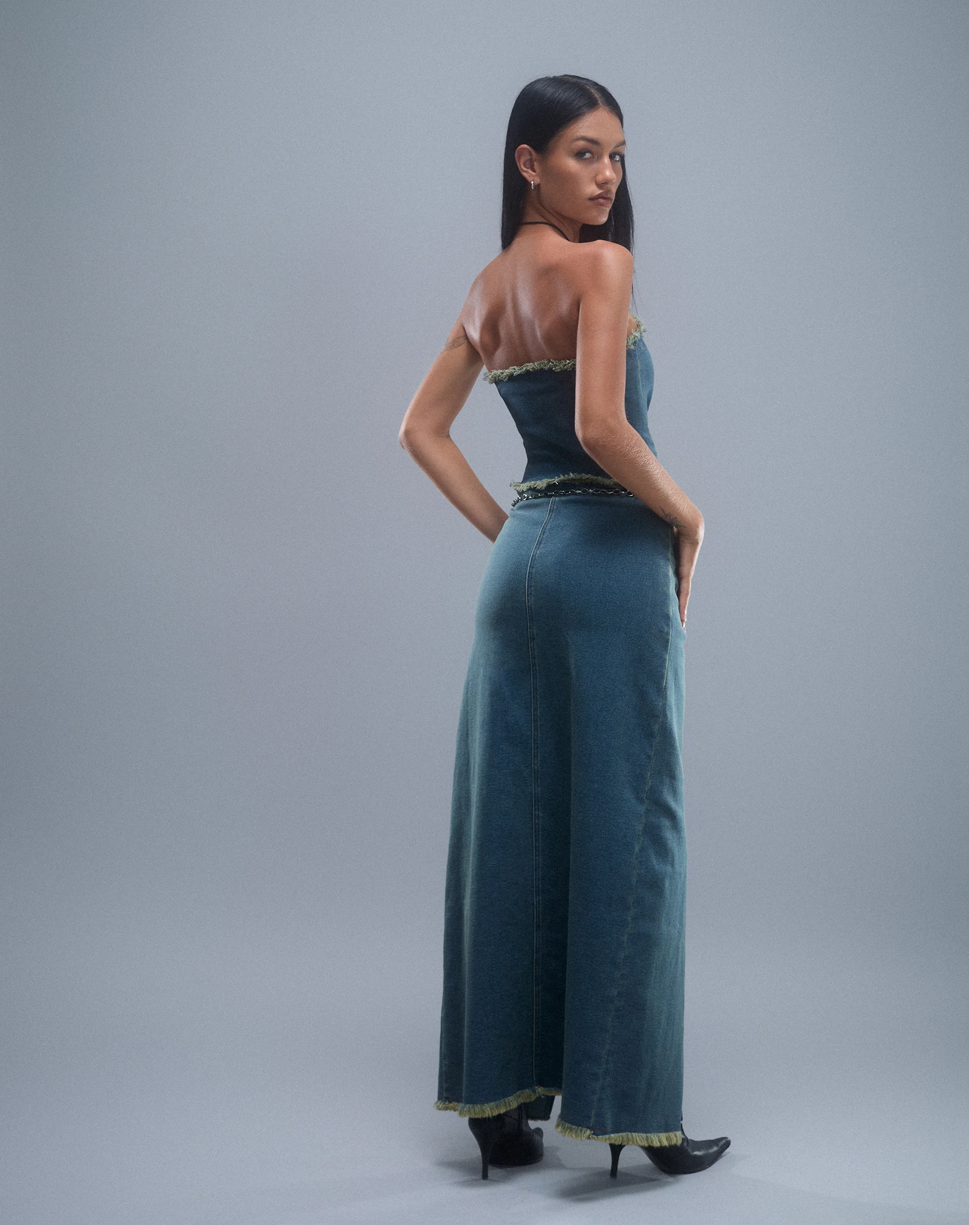 Zaenap Frayed Denim Maxi Skirt in Brown Blue Acid - Image 3