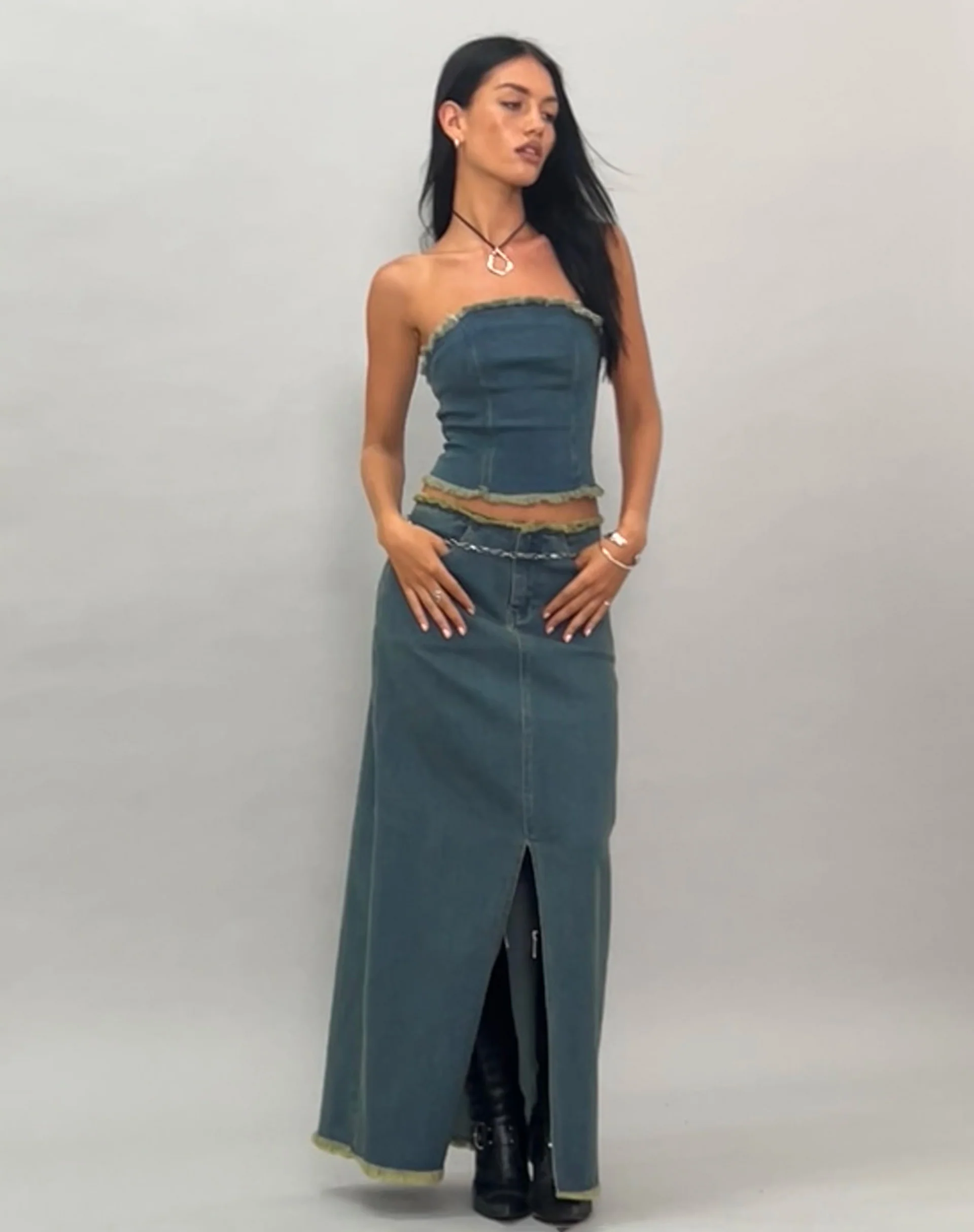 Zaenap Frayed Denim Maxi Skirt in Brown Blue Acid - Image 6
